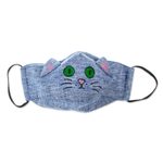 Cotton face mask, 'Chambray Kitty Cat' - Blue Cotton Chambray 3-Layer Ear Loop Cat Face Mask