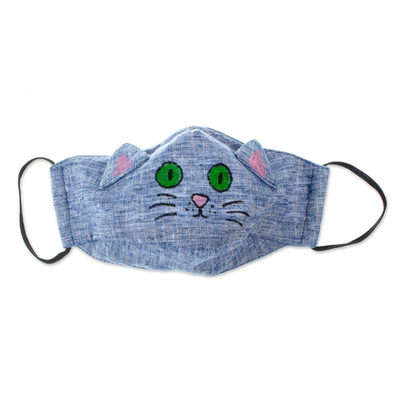 Blue Cotton Chambray 3-Layer Ear Loop Cat Face Mask