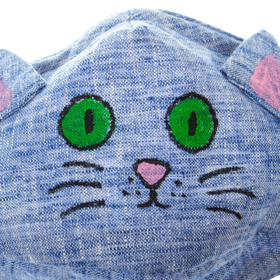 Gesichtsmaske aus Baumwolle - Blaue 3-lagige Katzen-Gesichtsmaske aus Baumwoll-Chambray mit Ohrschlaufen