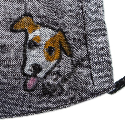 Cotton face mask, 'Grey Chambray Pup' - Hand-Painted Cotton Chambray 3-Layer Ear Loop Dog Mask