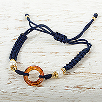 Crystal pendant wristband bracelet, 'In the Navy Now' - Swarovski Crystal Pendant Bracelet with Cultured Pearls