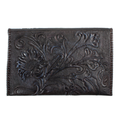 Leather clutch, 'Midnight Bloom' - Black Hand Tooled Leather Clutch from Mexico