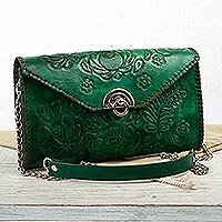 Leather clutch or shoulder bag, 'Green Magnolia' - Hand Tooled Green Leather Shoulder Bag or Clutch