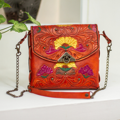 Tooled Leather Shoulder Tote - Red