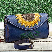 Leather clutch or shoulder bag, 'Golden Sunflower' - Hand Tooled Sunflower Motif Clutch or Shoulder Bag