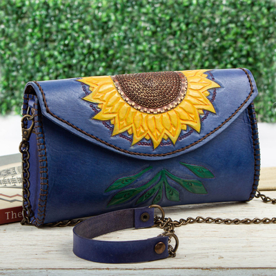 Leather clutch or shoulder bag, Golden Sunflower