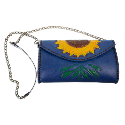 Hand Tooled Sunflower Motif Clutch or Shoulder Bag