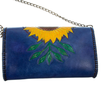 Leather clutch or shoulder bag, 'Golden Sunflower' - Hand Tooled Sunflower Motif Clutch or Shoulder Bag