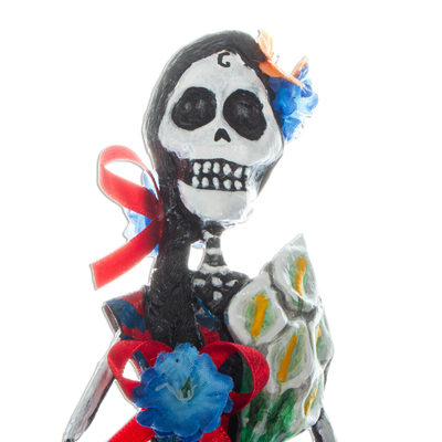 Papier mache sculpture, 'Catrina with Lilies' - Mexican Skeletal Catrina Papier Mache Statuette