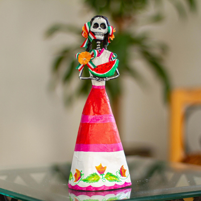 Papier mache sculpture, 'Catrina with Watermelon' - Hand Crafted Catrina Skeleton Sculpture from Mexico