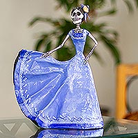 Papier mache sculpture, Dancing Catrina in Blue