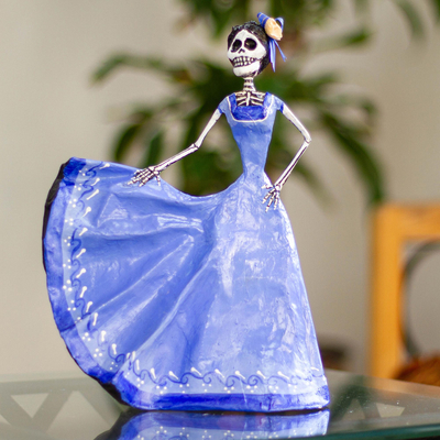 Papier mache sculpture, 'Dancing Catrina in Blue' - Dancing Catrina Handmade Papier Mache Statuette