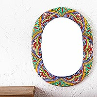 Espejo de pared de cerámica, 'Corona de Talavera' - Espejo de Pared Ovalado de Cerámica Estilo Talavera