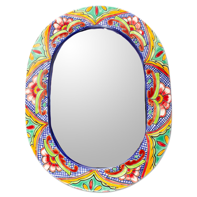 Ceramic wall mirror, 'Talavera Wreath' - Talavera-Style Oval Ceramic Wall Mirror