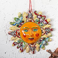 Arte de pared de cerámica, 'Bright Sol' - Acento de pared de sol estilo Talavera hecho a mano
