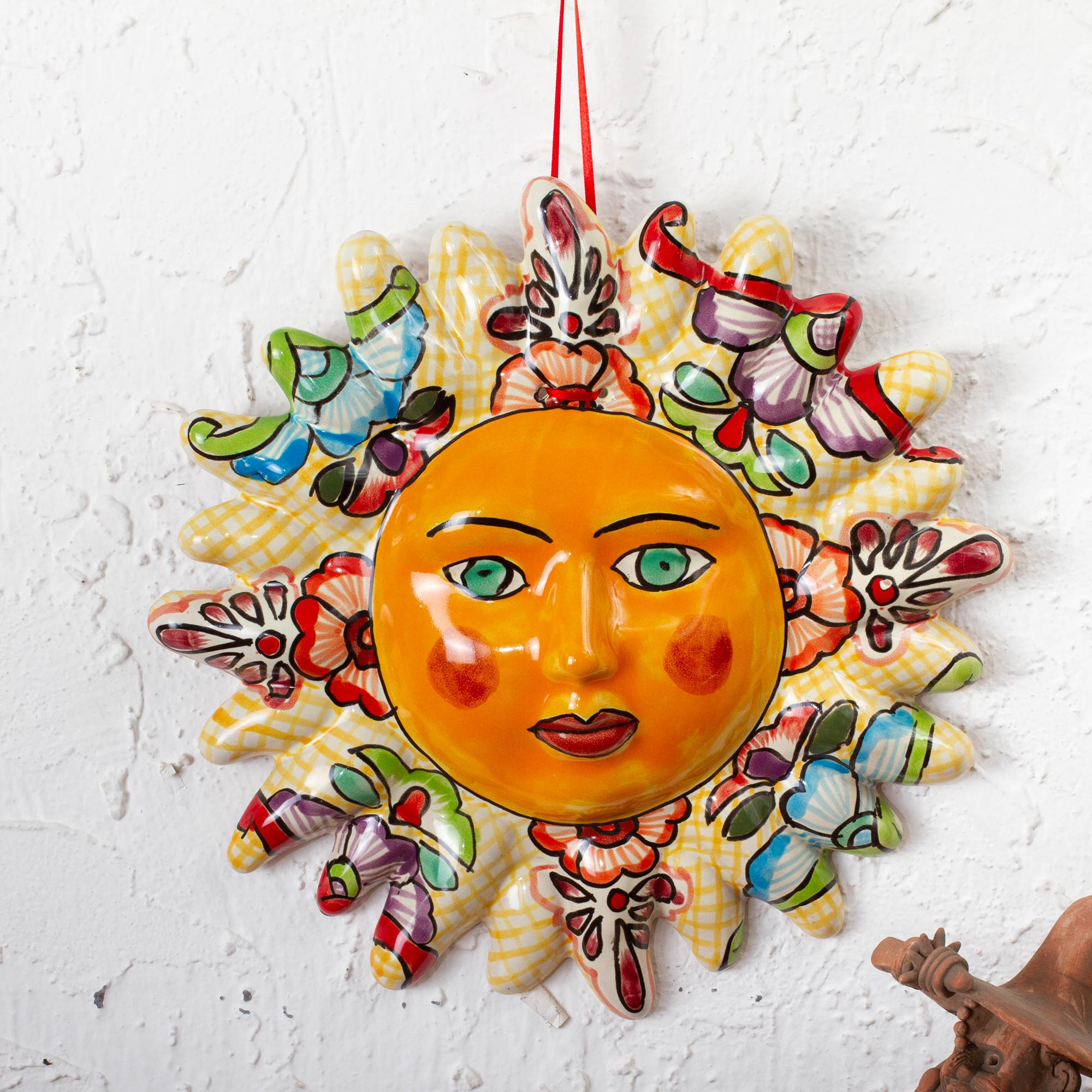 06 Mexican Folk Art Sun Face Ceramic Talavera Wall Hanging Handpainted Mexico 