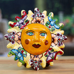 Ceramic wall art, 'Bright Sol' - Hand Crafted Talavera Style Sun Wall Accent