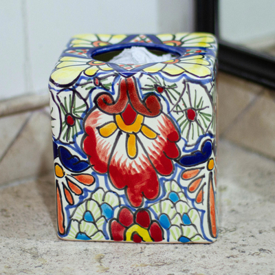 Ceramic tissue box cover, 'Talavera Flowers' - Talavera-Style Ceramic Tissue Box Cover