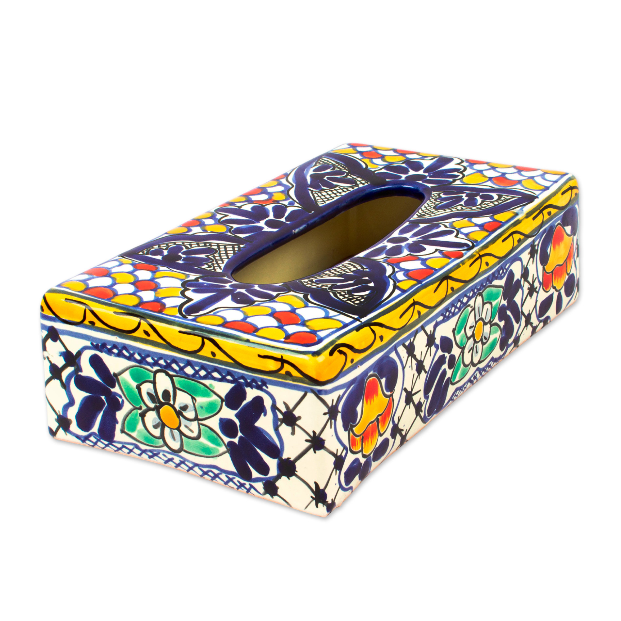 Colorful Ceramic Tissue Box Cover Cobalt Flowers NOVICA