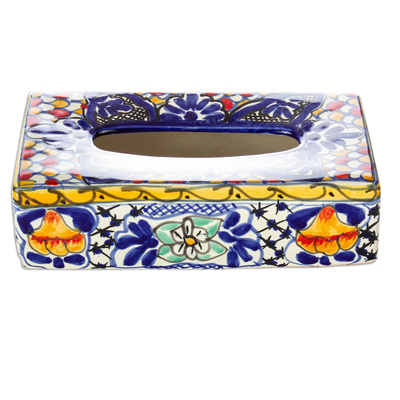 Ceramic tissue box cover, 'Cobalt Flowers' - Colorful Ceramic Tissue Box Cover