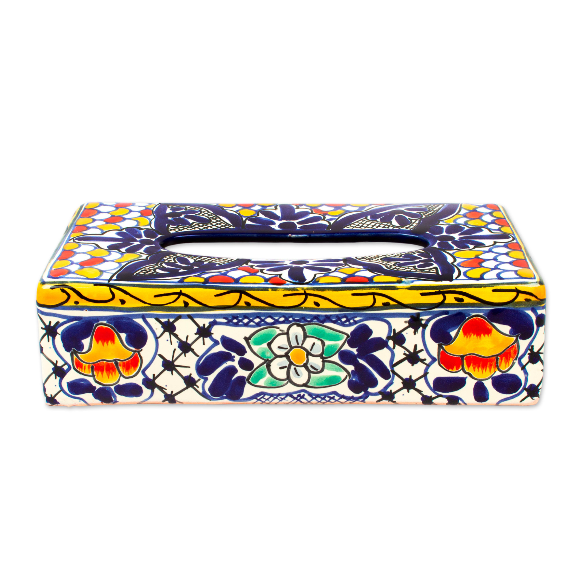 Colorful Ceramic Tissue Box Cover Cobalt Flowers NOVICA