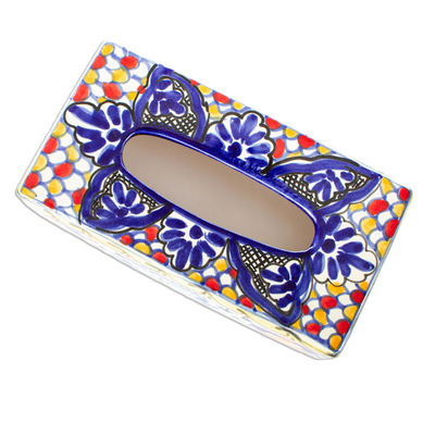 Ceramic tissue box cover, 'Cobalt Flowers' - colourful Ceramic Tissue Box Cover