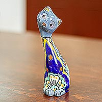 Ceramic statuette, 'Blue Talavera Cat' - Hand Painted Floral Ceramic Cat Statuette