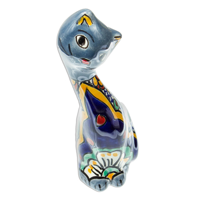 Ceramic statuette, 'Blue Talavera Cat' - Hand Painted Floral Ceramic Cat Statuette