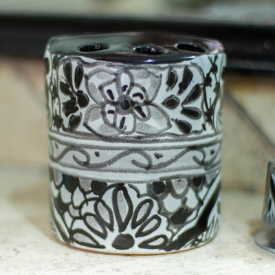 Zahnbürstenhalter aus Keramik - Schwarz-weißer handbemalter Keramik-Zahnbürstenhalter