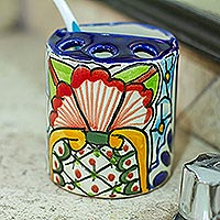 Ceramic toothbrush holder, 'Talavera Bouquet' - Artisan Crafted Talavera-Style Toothbrush Holder