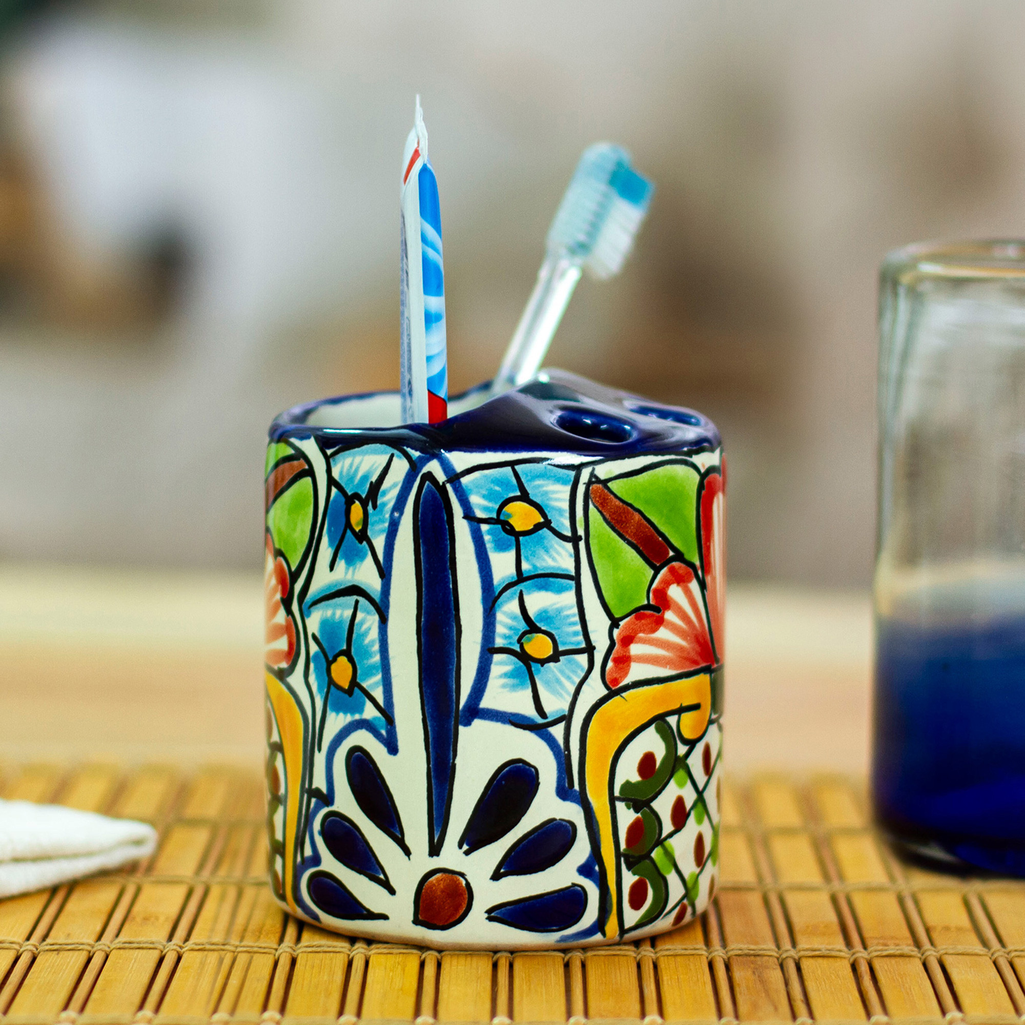 Artisan Crafted Talavera-Style Toothbrush Holder - Talavera