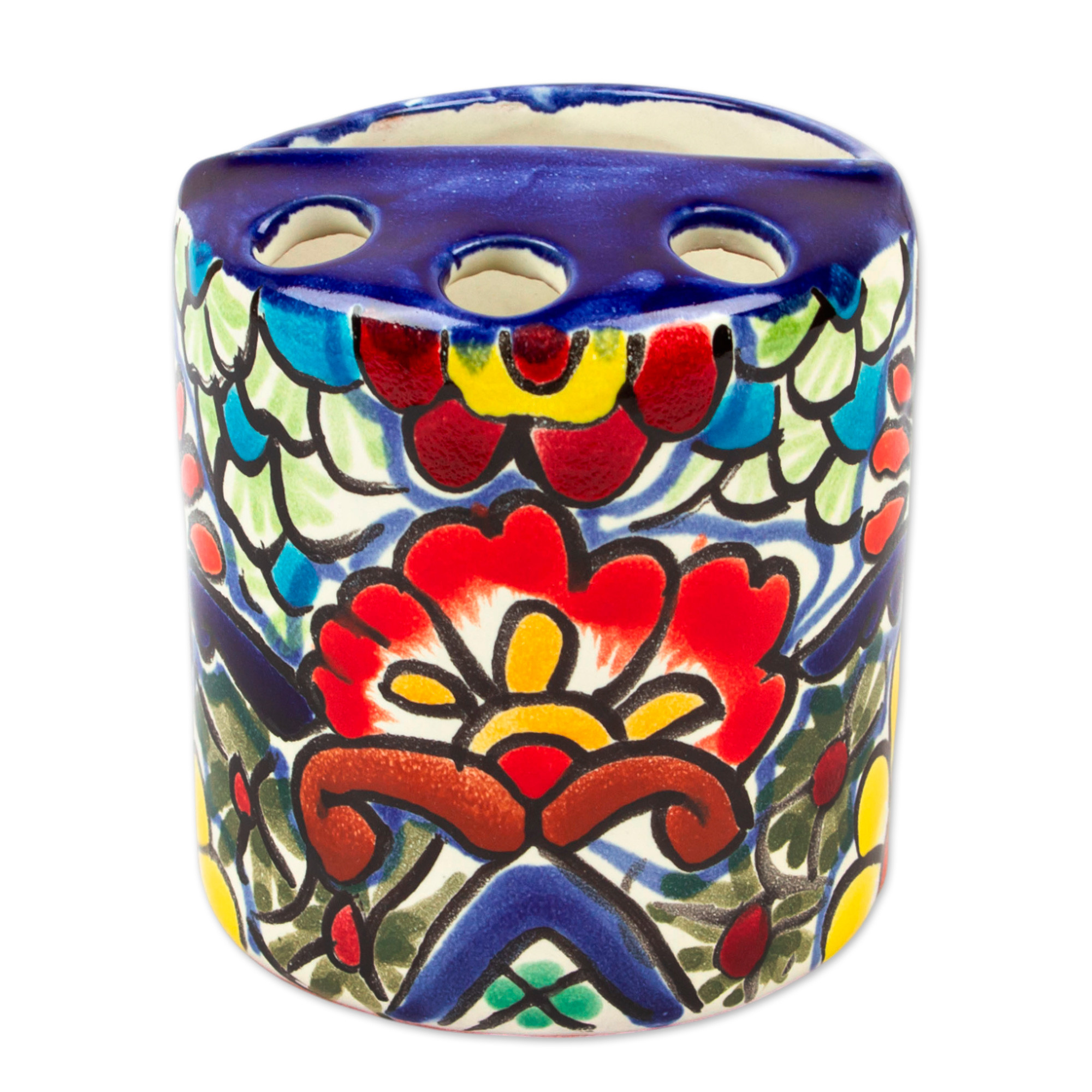 Artisan Crafted Multicolored Ceramic Toothbrush Holder Talavera Flowers NOVICA