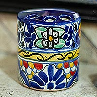 Keramik-Zahnbürstenhalter, „Cobalt Flowers“ – Bunter Keramik-Zahnbürstenhalter im Talavera-Stil