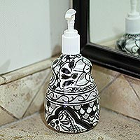 Dispensador de jabón de cerámica - Dispensador de jabón floral de cerámica en blanco y negro