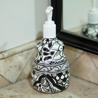 Ceramic soap dispenser, 'Monochrome Flowers' - Black and White Ceramic Floral Soap Dispenser