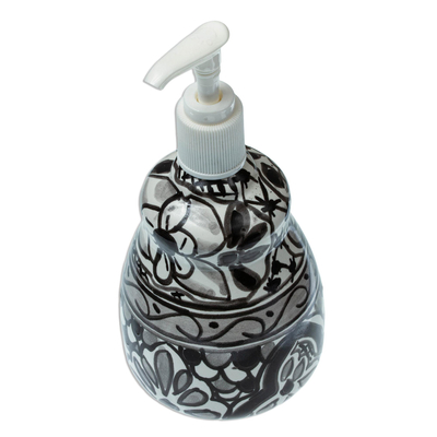 Ceramic soap dispenser, 'Monochrome Flowers' - Black and White Ceramic Floral Soap Dispenser