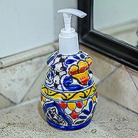 Ceramic soap dispenser, 'Cobalt Flowers' - Artisan Crafted Ceramic Floral Soap Dispenser