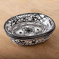 Ceramic soap dish, 'Monochrome Flowers' - Black and White Ceramic Soap Dish from Mexico