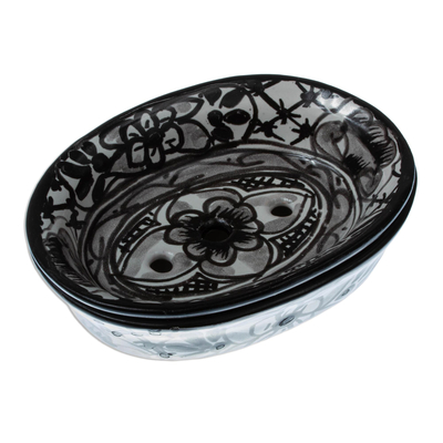 Seifenschale aus Keramik - Schwarz-weiße Seifenschale aus Keramik aus Mexiko