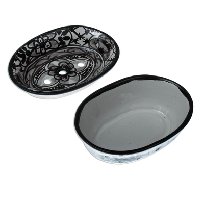 Jabonera de cerámica - Jabonera de cerámica blanca y negra de México