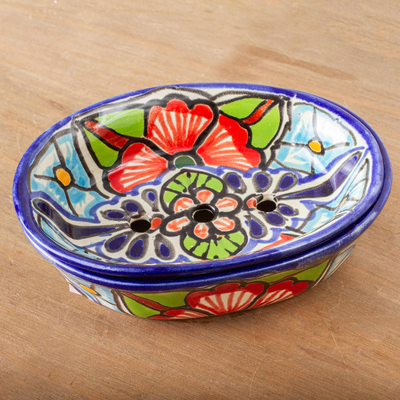 Seifenschale aus Keramik, „Talavera Bouquet“ – handgefertigte Seifenschale aus Keramik im Talavera-Stil