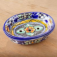Ceramic soap dish, Cobalt Flowers