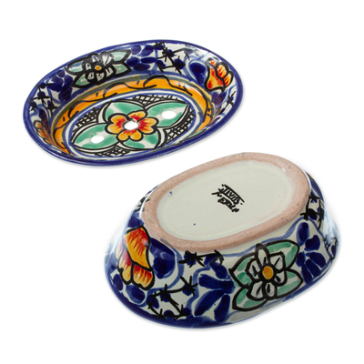 Ceramic soap dish, 'Cobalt Flowers' - Colorful Hand Painted Ceramic Soap Dish