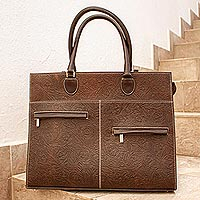 Leather briefcase, 'Aristocrat' - Embossed Brown Leather Briefcase Handmade in Mexico