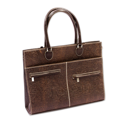 Leather briefcase, 'Aristocrat' - Embossed Brown Leather Briefcase Handmade in Mexico