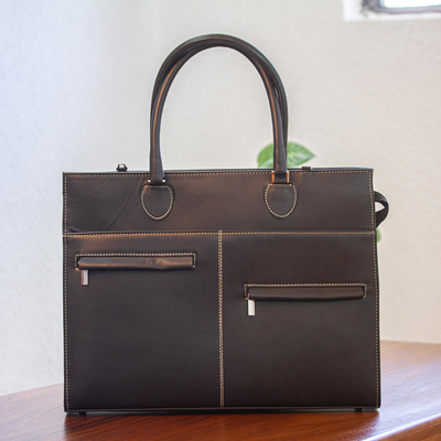 Leather briefcase, 'Efficient and Beautiful' - Black Leather Briefcase with Laptop Compartment from Mexico