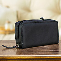 Long leather wallet, 'Bajio Black' - Elegant Black Long Zipper Wallet