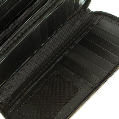 Langes Lederportemonnaie, 'Bajio Black' - Elegantes schwarzes Portemonnaie mit langem Reißverschluss