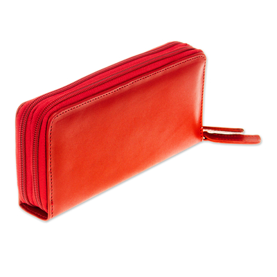 Long leather wallet, 'Bajio Russet' - Russet Leather Long Zipper Wallet from Mexico
