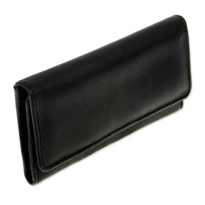Long leather trifold wallet, 'Coporo Black' - Trifold Black Leather Wallet from Mexico